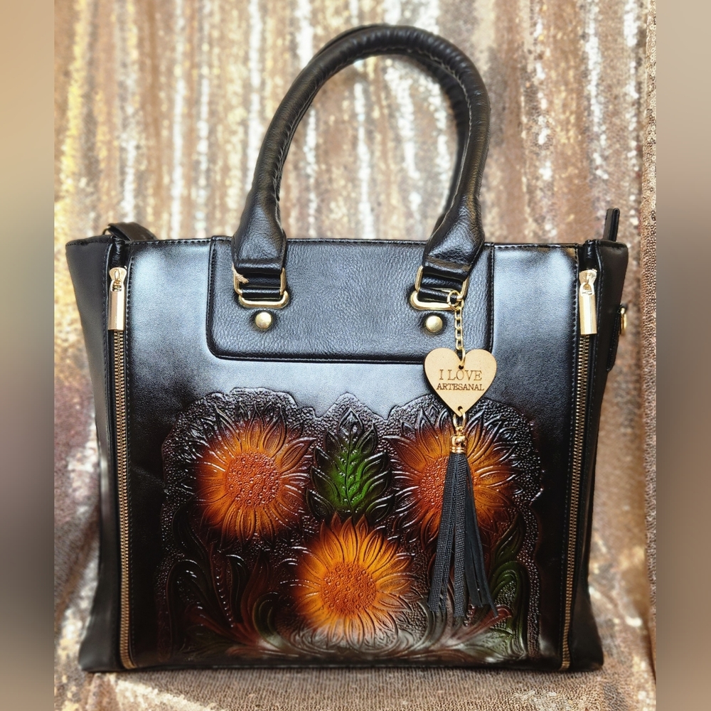 Sunflower design leather Tote bag
